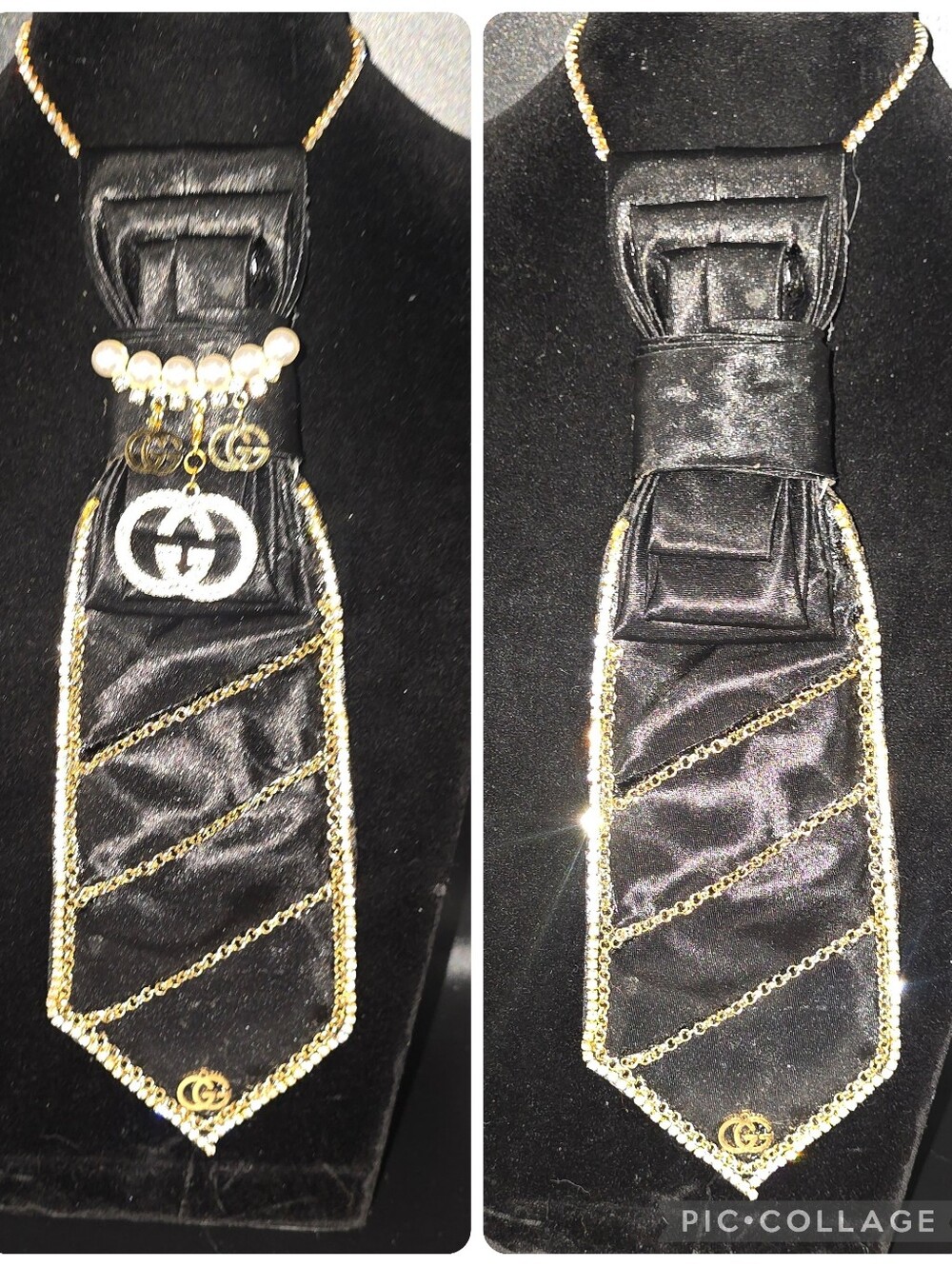 Beautiful Bling Black And Gold Tie NEecklace With Removable Brooch And Charm